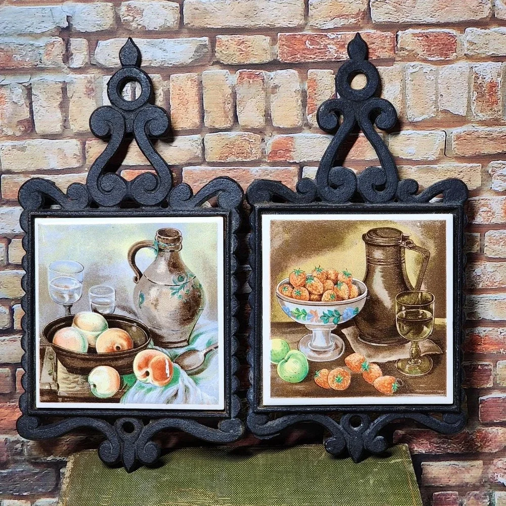 Vintage Enesco‎ Cast Iron Trivets Still Life Wall Plaques Pair Kitchen Japan MCM